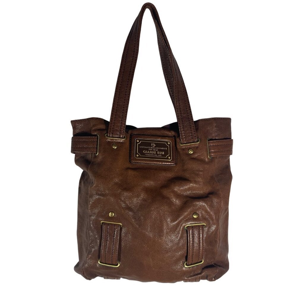 Vintage Gianni Bini Brown Leather Tote Bag Brass Accents & Dual Handles Design